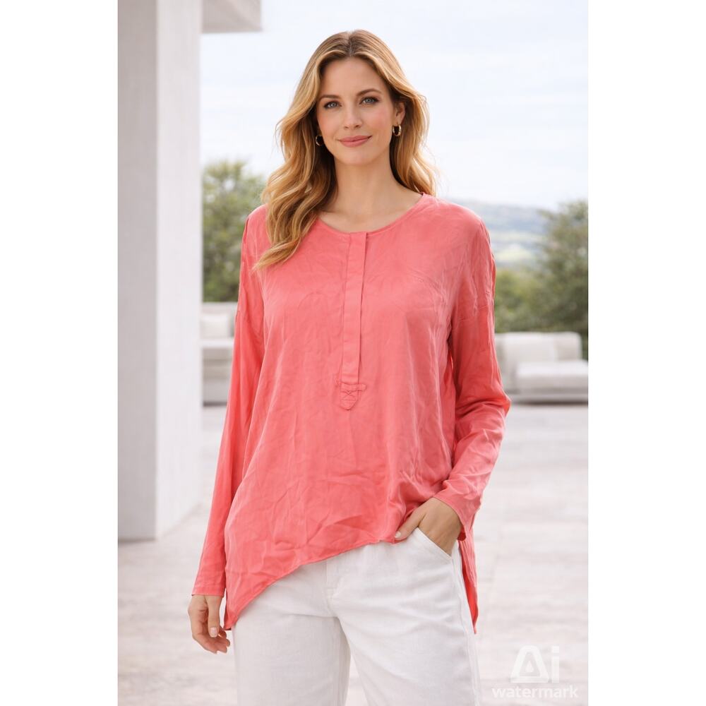 Go by GoSilk Women's Med Pink Silk Blend Lg Sleeve Hi Low Pullover Blouse top